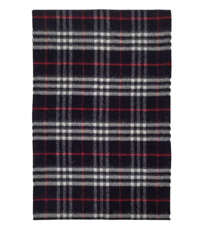 Shop Burberry Navy Vintage Checker Cashmere Long Scarf With Fringe In Blue