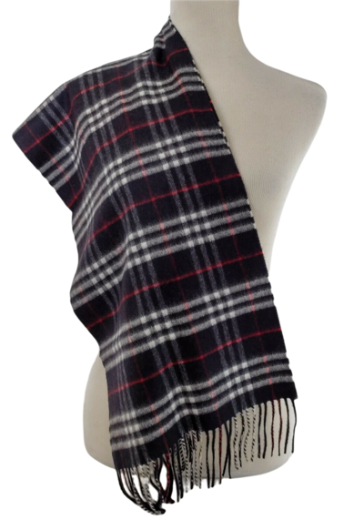 Shop Burberry Navy Vintage Checker Cashmere Long Scarf With Fringe In Blue