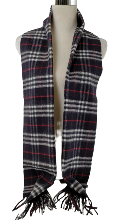 Burberry Navy Vintage Checker Cashmere Long Scarf With Fringe 40752541 In Blue