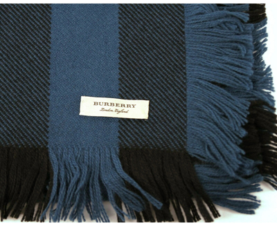 Burberry Women's Blue / Black Wool Fashion Scarf With Fringe And Pink Stripe 40609901 In Blue / Black