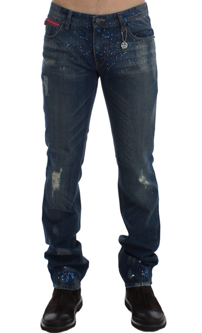 Shop Costume National Blue Wash Paint Slim Fit Pants Men's Jeans