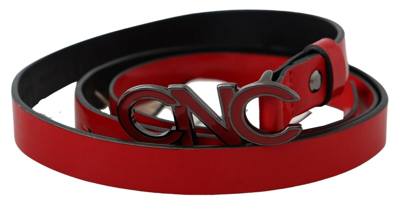 Shop Costume National Red Black Reversible Leather Logo Buckle Women's Belt
