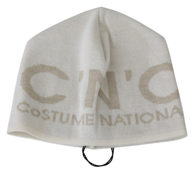 Shop Costume National Chic White Beanie With Beige Brand Men's Detail