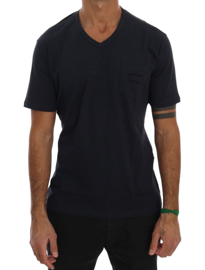 Shop Daniele Alessandrini Blue Cotton V-neck Men's T-shirt