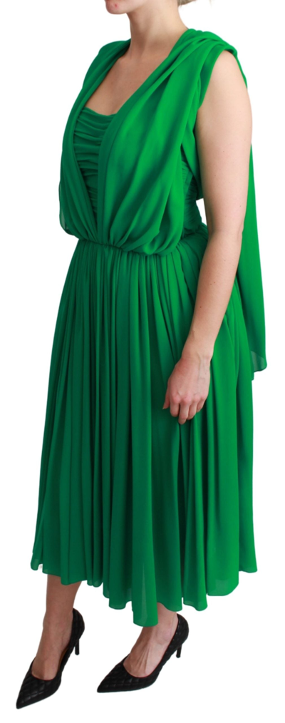 Dolce & Gabbana 100% Silk Green Sleeveless Pleated Maxi Dress In Green