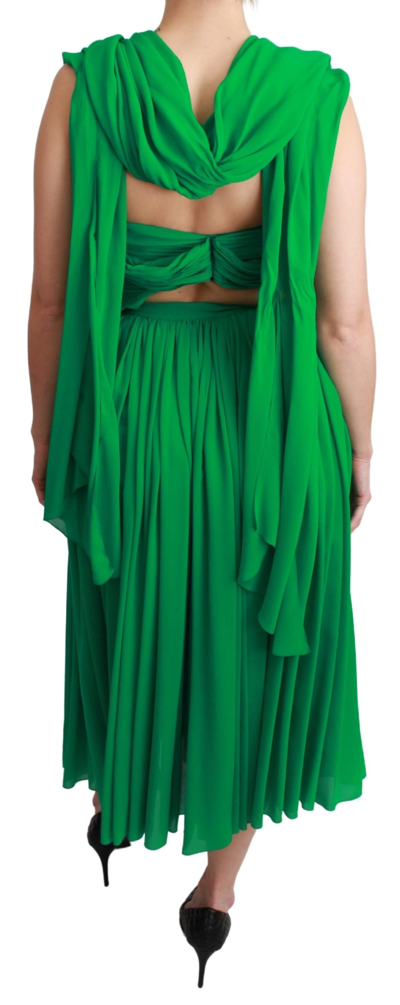 Dolce & Gabbana 100% Silk Green Sleeveless Pleated Maxi Dress In Green