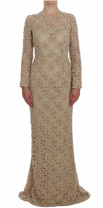 Shop Dolce & Gabbana Beige Floral Lace Long Sleeve Maxi Women's Dress