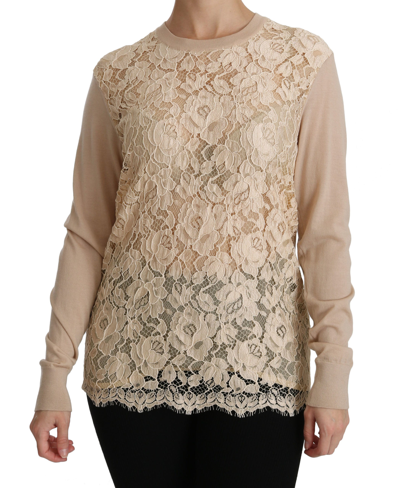 Shop Dolce & Gabbana Elegant Beige Lace Crew Neck Cashmere Women's Blouse