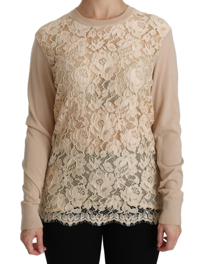 Shop Dolce & Gabbana Elegant Beige Lace Crew Neck Cashmere Women's Blouse