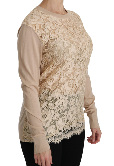 Shop Dolce & Gabbana Elegant Beige Lace Crew Neck Cashmere Women's Blouse