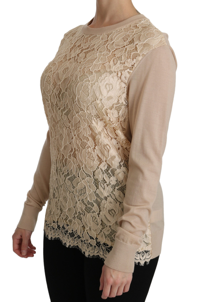 Shop Dolce & Gabbana Elegant Beige Lace Crew Neck Cashmere Women's Blouse