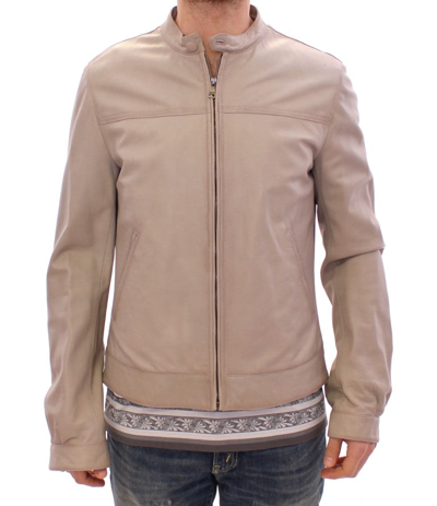 Shop Dolce & Gabbana Beige Leather Jacket Biker Men's Coat