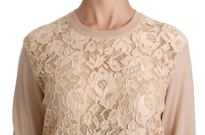 Shop Dolce & Gabbana Elegant Beige Lace Crew Neck Cashmere Women's Blouse