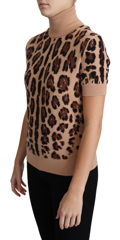 Shop Dolce & Gabbana Beige Leopard Cashmere Print Turtleneck Women's Top