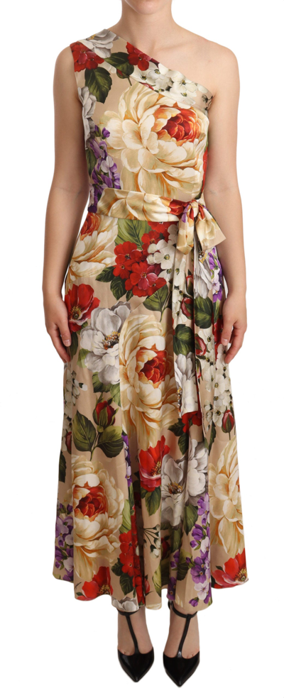 Shop Dolce & Gabbana Beige One Shoulder Floral Mid Length Women's Dress