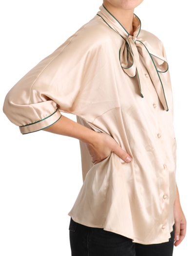 Dolce & Gabbana Beige Ribbon Silk Stretch Top Blouse In Beige