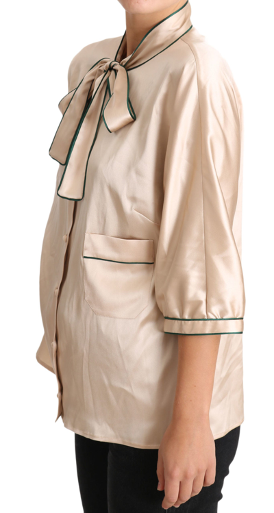 Dolce & Gabbana Beige Ribbon Silk Stretch Top Blouse In Beige