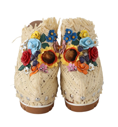 Shop Dolce & Gabbana Beige Raffia Mules Floral Women's Slides