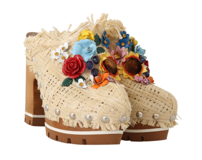 Shop Dolce & Gabbana Beige Raffia Mules Floral Women's Slides