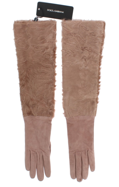 Shop Dolce & Gabbana Beige Suede Xiangao Fur Elbow Women's Gloves