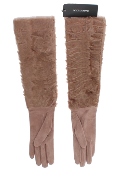 Shop Dolce & Gabbana Beige Suede Xiangao Fur Elbow Women's Gloves