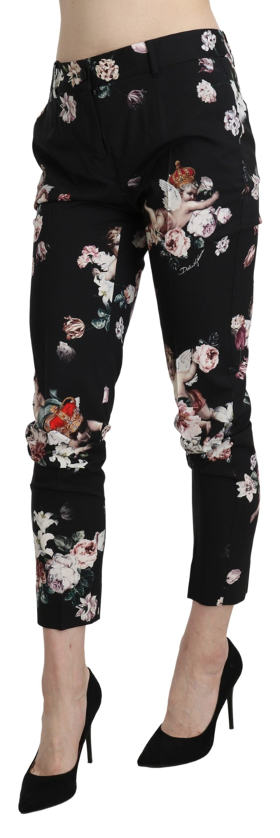 Shop Dolce & Gabbana Black Angel Floral Cropped Trouser Wool Women's Pants