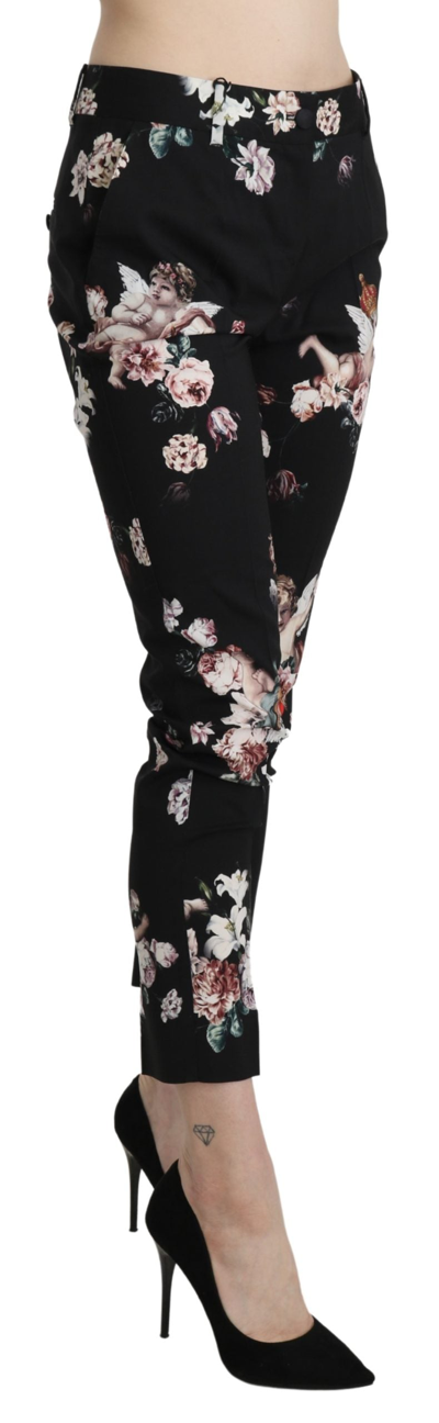 Shop Dolce & Gabbana Black Angel Floral Cropped Trouser Wool Women's Pants