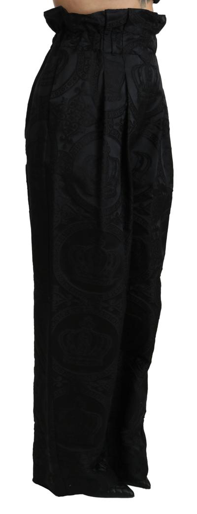 Shop Dolce & Gabbana Black Brocade High Waist Wide Leg Cotton Women's Pant