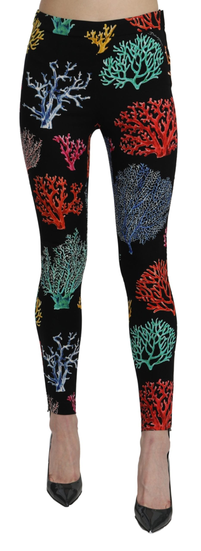 Shop Dolce & Gabbana Black Coral Tights Silk Stretch Slim Fit Women's Pants