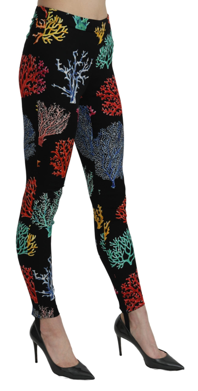 Shop Dolce & Gabbana Black Coral Tights Silk Stretch Slim Fit Women's Pants