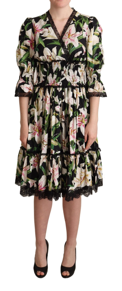 Shop Dolce & Gabbana Elegant Lily Print Midi Dress With Lace Women's Trim In Black