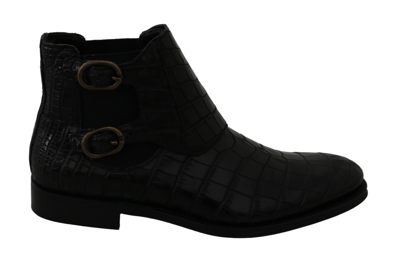 Shop Dolce & Gabbana Black Crocodile Leather Derby Boots Men's Shoes