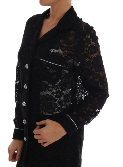 Shop Dolce & Gabbana Black Crystal Button Floral Lace Women's Shirt