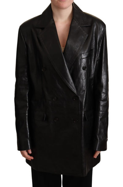 Shop Dolce & Gabbana Elegant Black Leather Double-breasted Women's Jacket