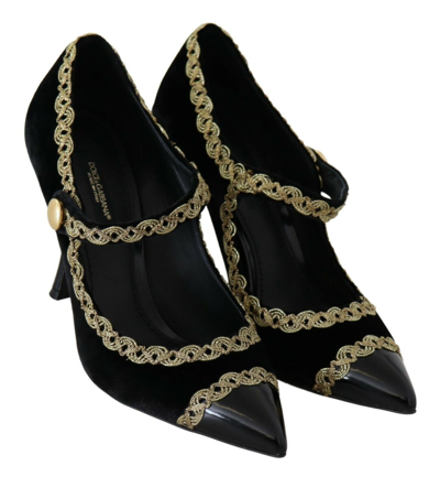 Shop Dolce & Gabbana Black Embellished Velvet Mary Jane Pumps Women's Shoes