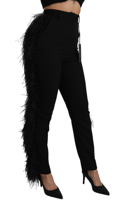 Shop Dolce & Gabbana Black Feather Straight High Waist Wool Women's Pants