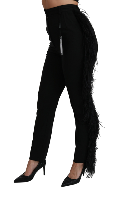 Shop Dolce & Gabbana Black Feather Straight High Waist Wool Women's Pants