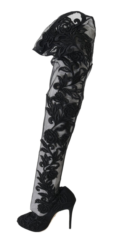 Shop Dolce & Gabbana Black Floral Embroidered Socks Women's Boots