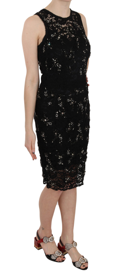 Shop Dolce & Gabbana Exquisite Black Floral Lace Crystal Sheath Women's Dress