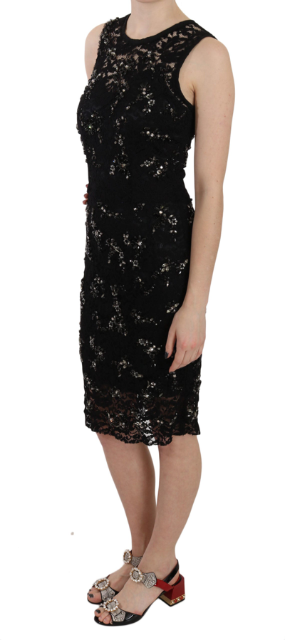 Shop Dolce & Gabbana Exquisite Black Floral Lace Crystal Sheath Women's Dress