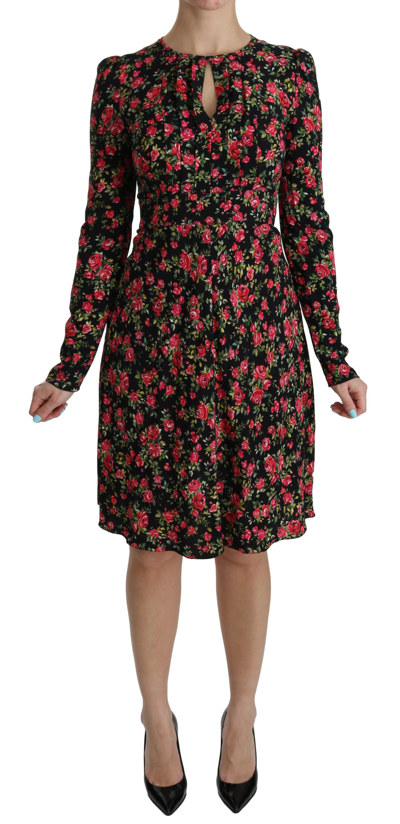 Shop Dolce & Gabbana Floral A-line Viscose Knee Length Women's Dress In Black