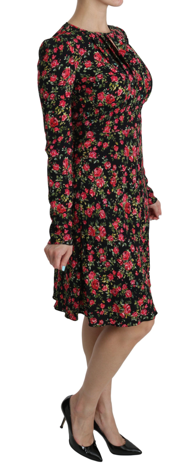 Shop Dolce & Gabbana Floral A-line Viscose Knee Length Women's Dress In Black