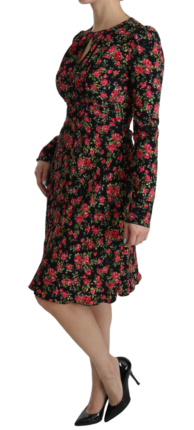 Shop Dolce & Gabbana Floral A-line Viscose Knee Length Women's Dress In Black