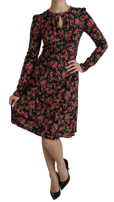 Shop Dolce & Gabbana Floral A-line Viscose Knee Length Women's Dress In Black