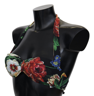 Shop Dolce & Gabbana Black Floral Print Nylon Swimwear Bikini Women's Tops