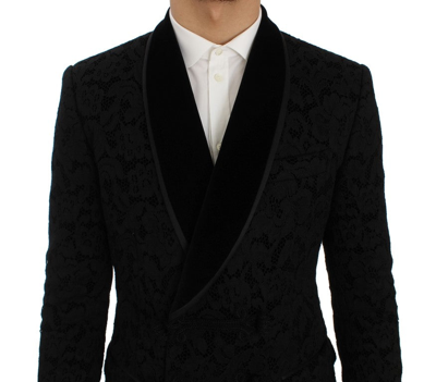 Shop Dolce & Gabbana Black Floral Ricamo Slim Blazer Men's Jacket