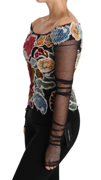 Shop Dolce & Gabbana Black Floral Ricamo Top T-shirt Women's Blouse In Multicolor