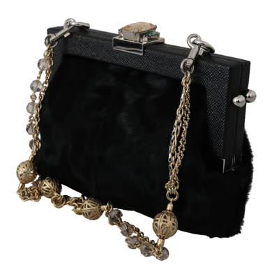 Shop Dolce & Gabbana Black Fur Brocade Crystal Shoulder Vanda Women's Purse