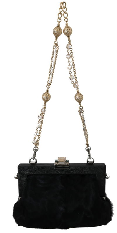 Shop Dolce & Gabbana Black Fur Brocade Crystal Shoulder Vanda Women's Purse