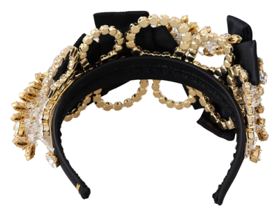 Shop Dolce & Gabbana Black Gold  Clear Crystal Embellished Silk Fiocco Diadem Women's Headband In Gold Black